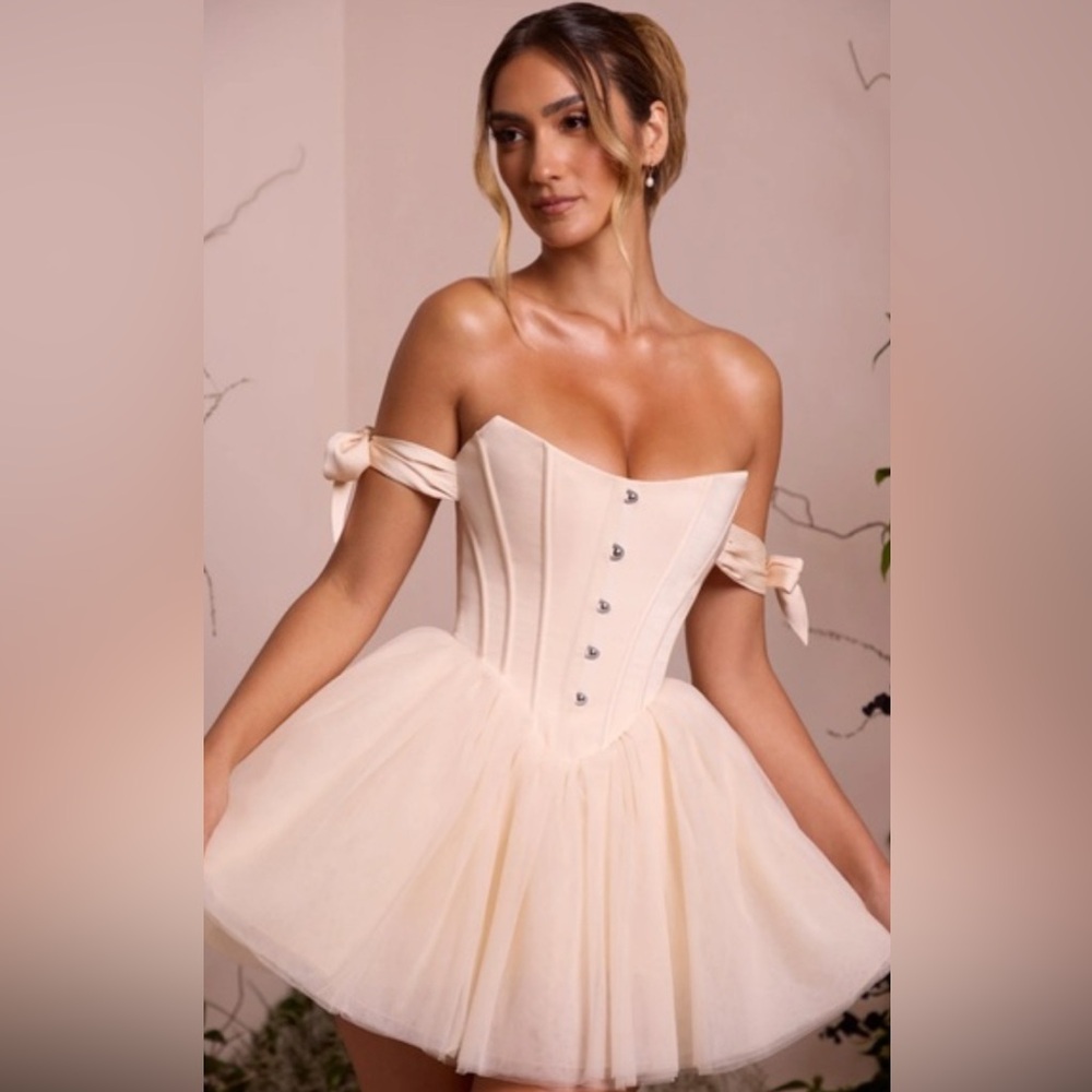 Oh Polly Corset Ballerina Cream Off-Shoulder Dress - Picture 1 of 3